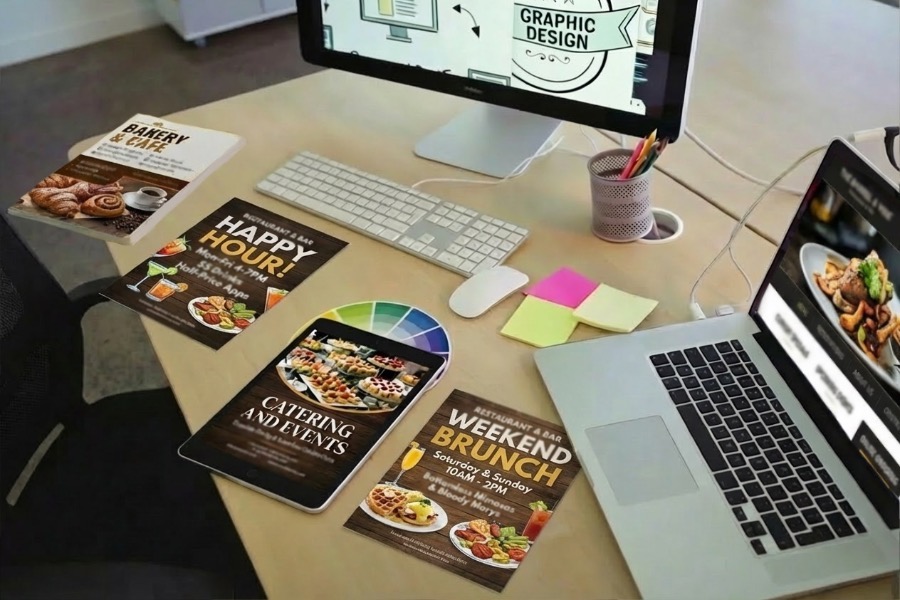 Graphic Design Restaurant and Food Service Flyers, Digital Design Desk Setting
